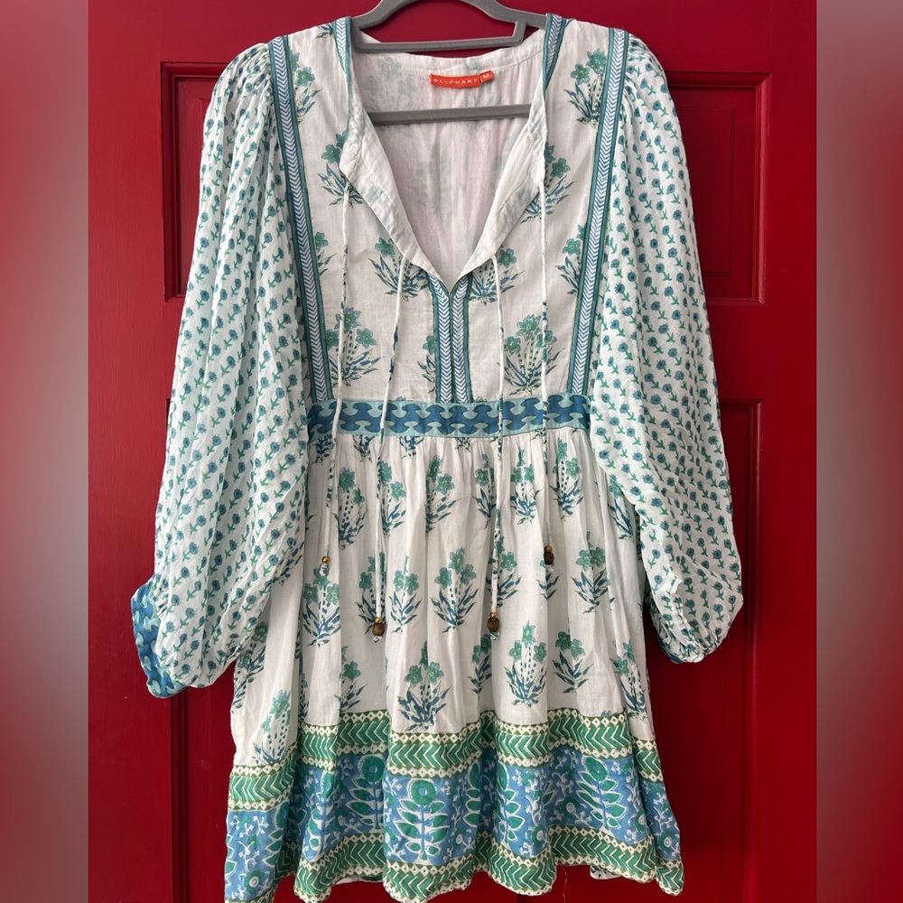 Oliphant White Mini Dress with Teal and Blue Floral Print